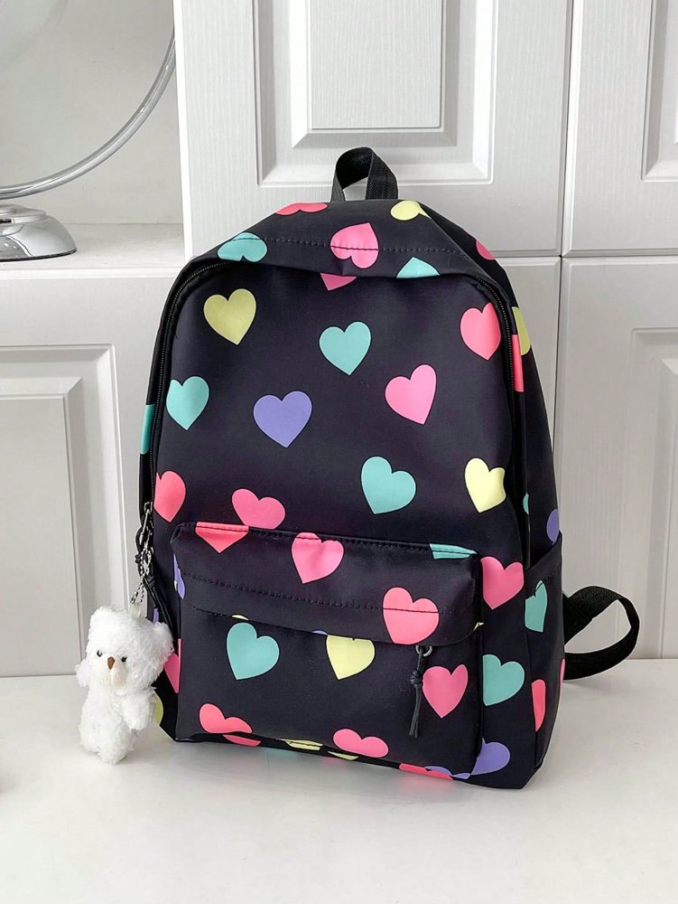 Mochila negra con figuras de corazones de colores