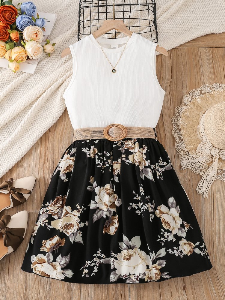 Traje de niña, traje de falda negra con estampado de flores, camisa crema