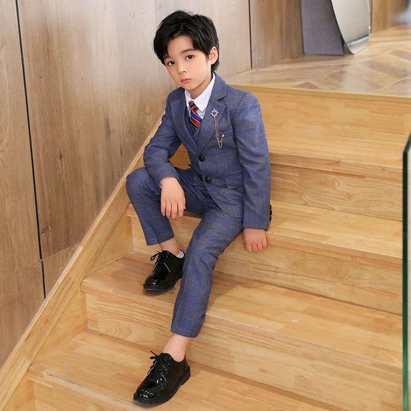 Traje de niño, traje formal de pantalón, saco, chaleco azul cuadrado, camisa blanca y corbata