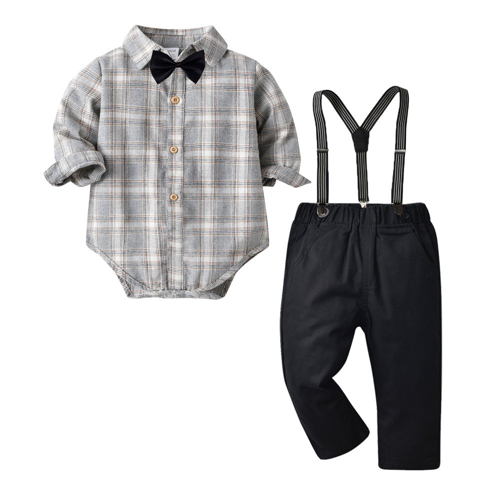 Traje de niño, traje de pantalón y corbatín negro, camisa cuadrada y tirantes negro con rayas