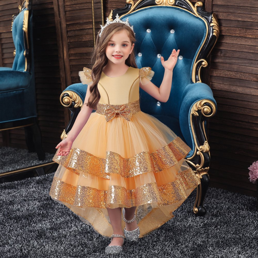 Vestido de niña, vestido naranja con lentejuelas en la parte de abajo, cintura y hombro, mangas cortas