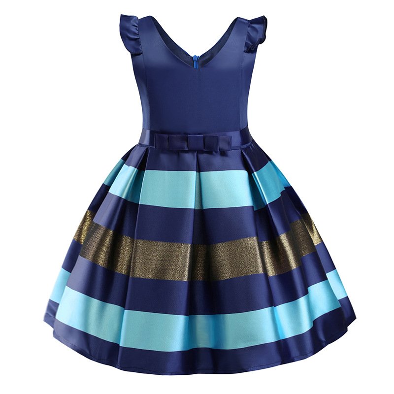 Vestido de niña, vestido azul con rayas celeste y doradas