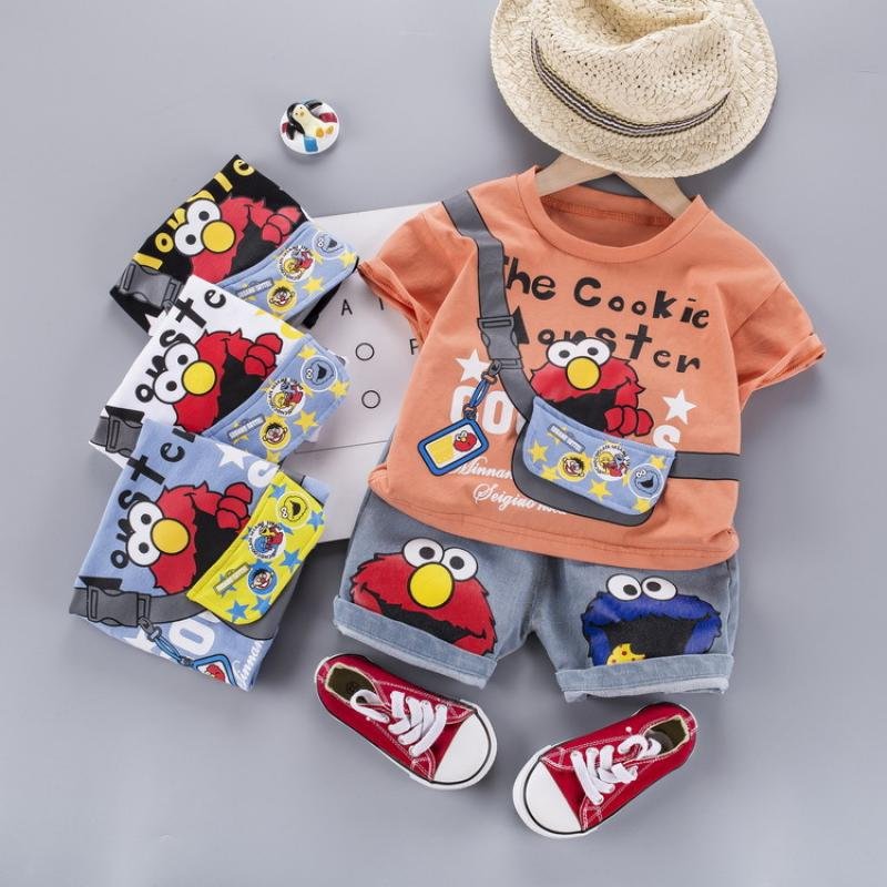 Traje de niño, traje de short jeans, camiseta naranja con figura