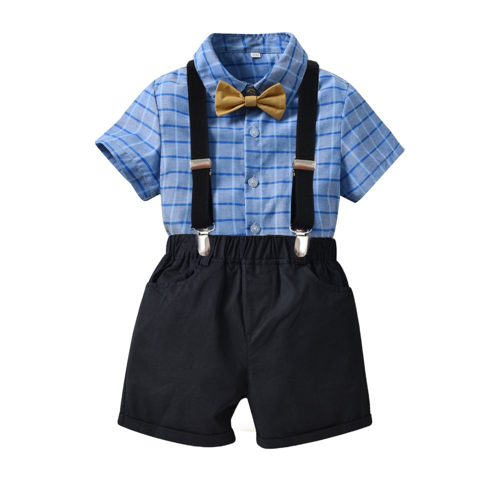 Traje de niño, traje de short, negro, camisa cuadro celeste con azul, tirante negro y corbatín café