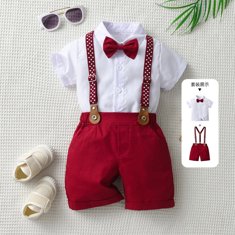 Traje de niño, traje de short y corbatín rojo, camisa blanca manga corta y tirante rojo con estrellas blancas