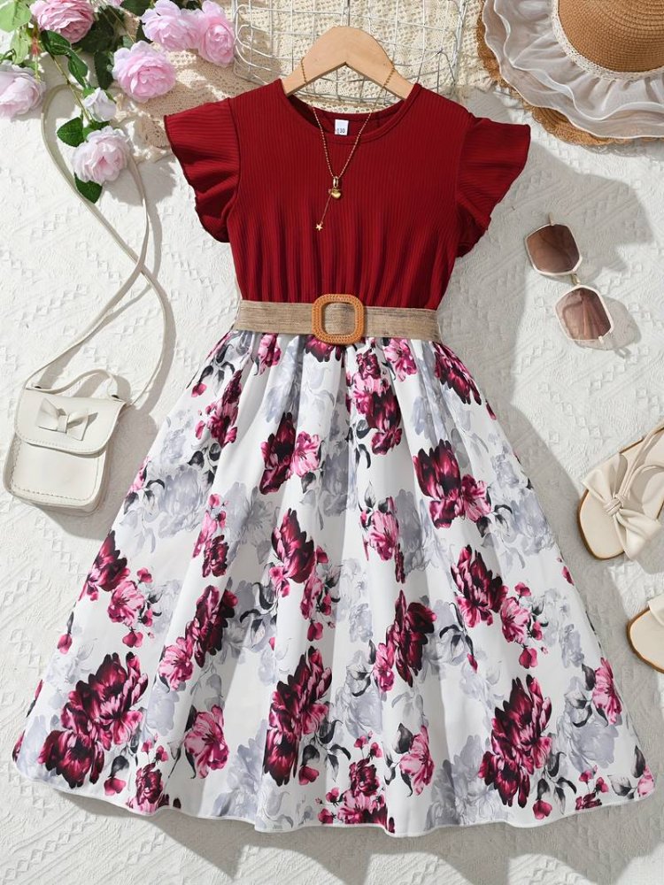 Vestido de niña, vestido parte superior rojo con estampado de flores en la parte inferior, faja crema