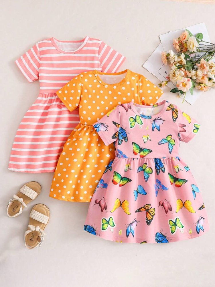 Set de niña, vestido rosado con figura de mariposa, naranja con puntos blancos y rosado con rayas blanca