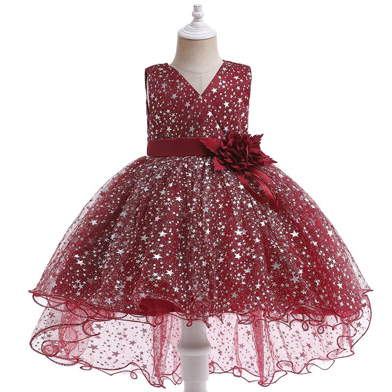 Vestido de niña, vestido rojo vino con estampado de estrellas y cinta en la cintura y rosa en la parte de adelante