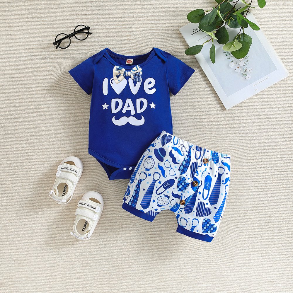 Traje de niño, traje de short azul con dibujo de corazón, zapatos corbatas y mameluco azul con LOVE DAD