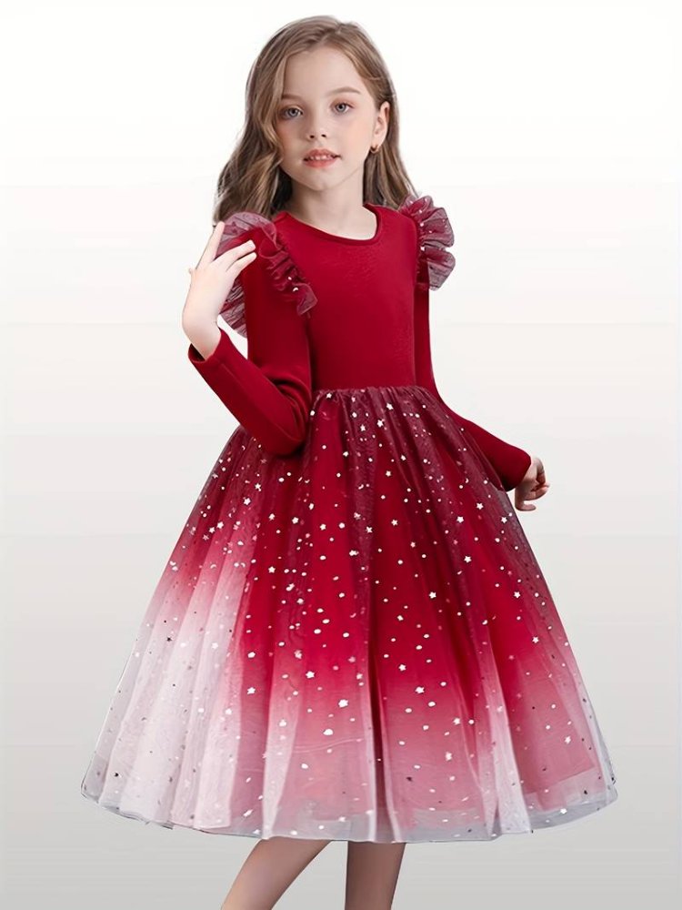 Vestido de niña, vestido rojo, manga larga y con vuelos en mangas, detalles dorados en la parte inferior y degradado