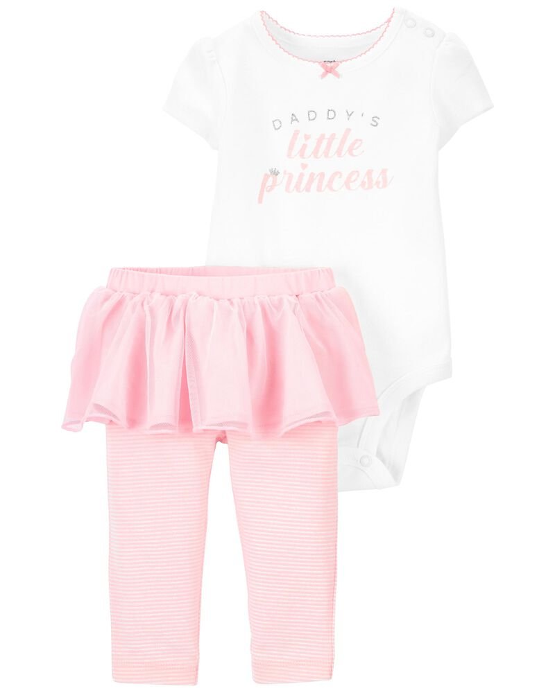 Set de traje de niña, pantalón rosado con vuelo y mameluco blanco con detalles rosado