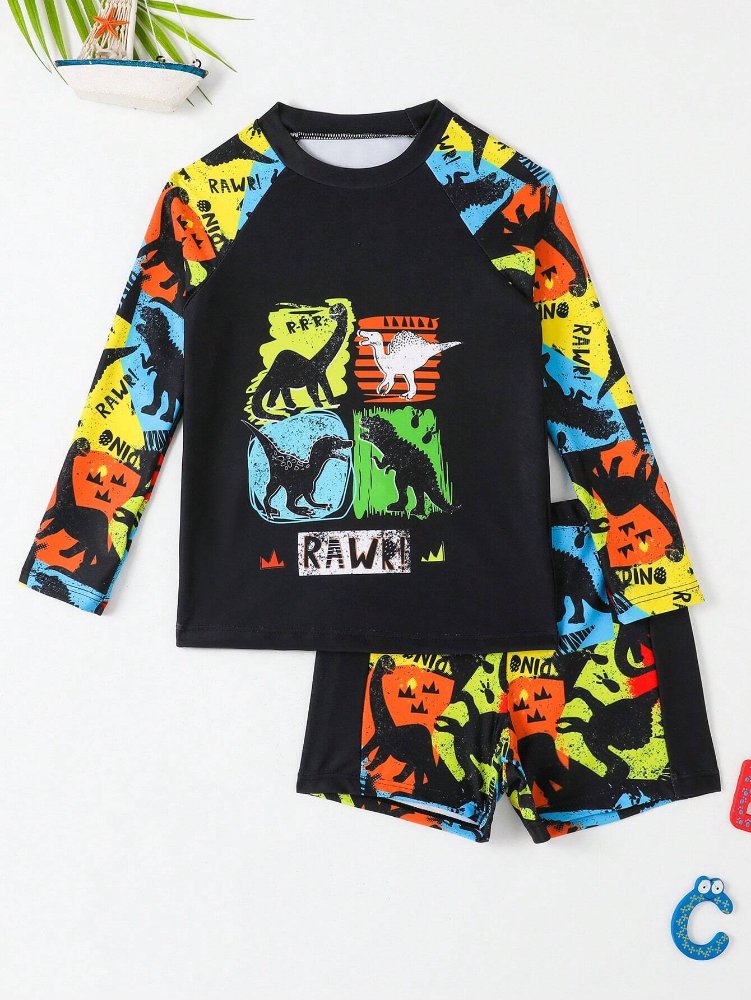Traje de baño de niño, negro con dibujos de dinosaurios