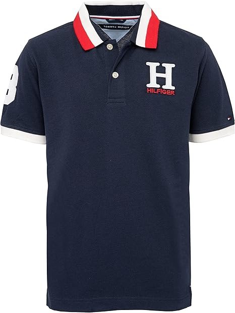 Tommy Hilfiger Camisa polo de manga corta premium para niños, cierre de botones, suave y cómoda, Azul