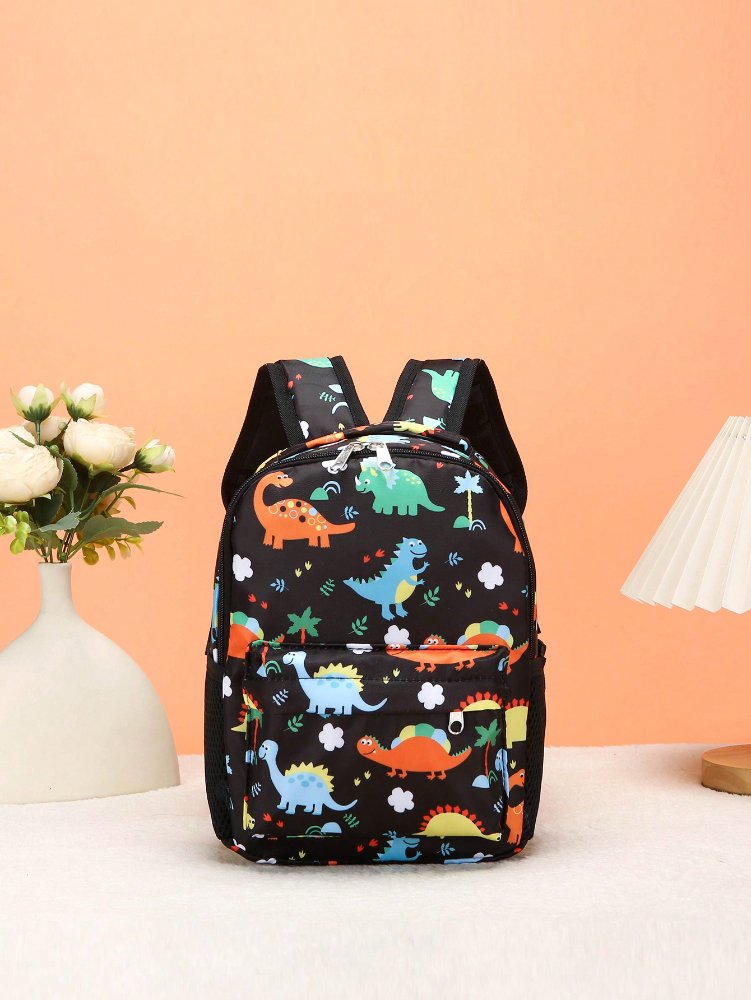Mochila negra con dibujos de dinosaurios: naranjas, celeste y verdes