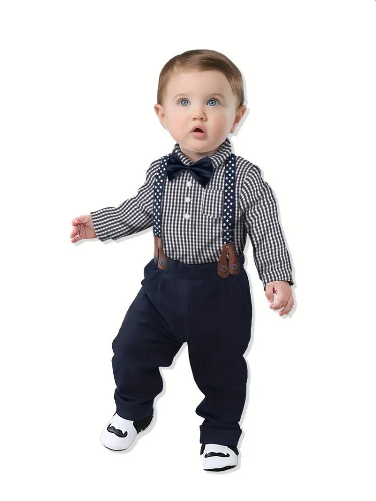 Traje de niño, traje de pantalón negro, camisa negra cuadrado, tirante negro con estrellas blancas y corbatín negro