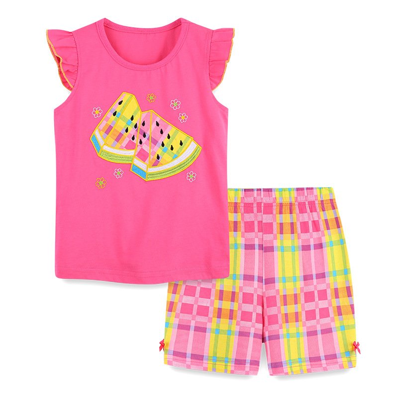 Traje de niña, traje de short cuadrado rosado con amarillo, camiseta rosado con dibujo de sandía