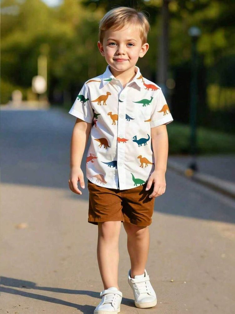 Traje de niño, traje de short café y camisa manga corta blanca con estampado de dinosaurio, conjunto casual