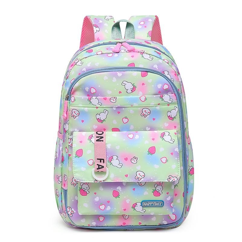 Mochila color verde, lila, rosado, celeste y dibujos de conejitos