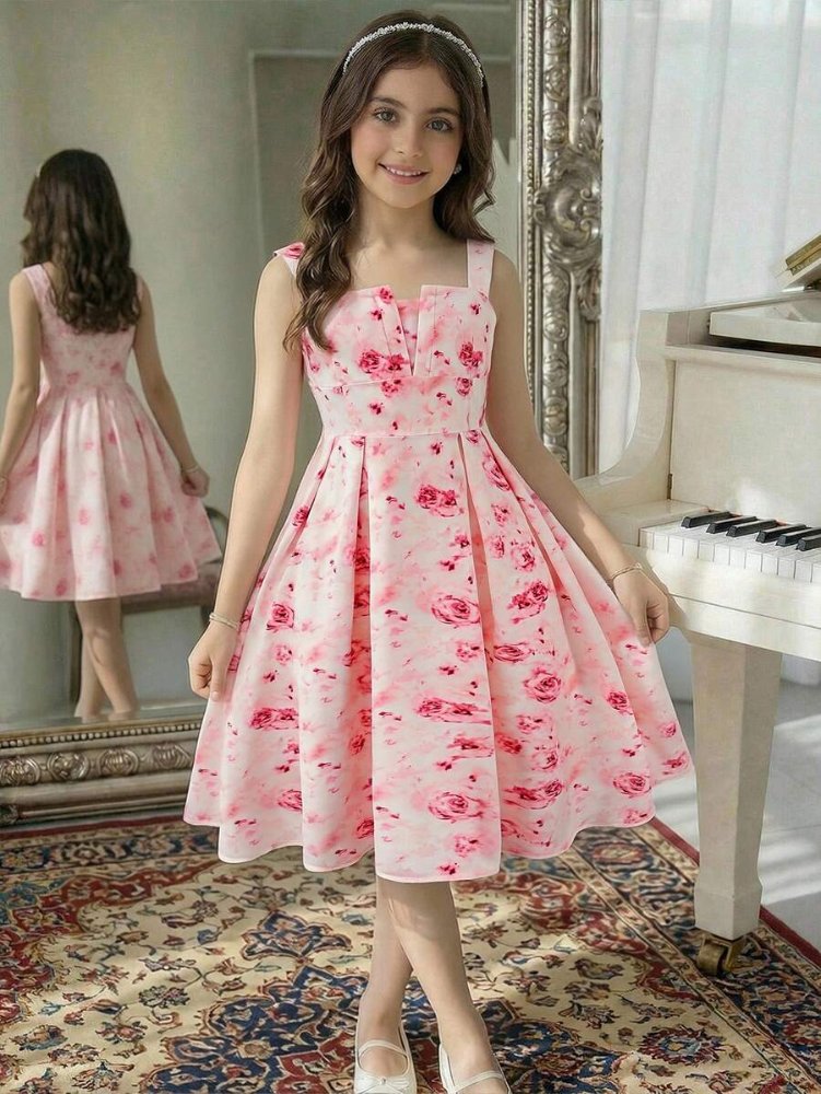Vestido de niña, vestido color rosa con cintura ajustada y falda acampanada con estampado floral