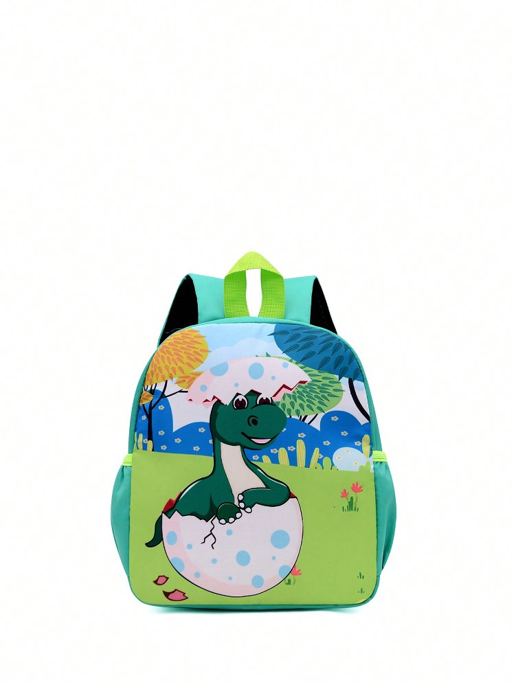 Mochila verde de dibujo de dinosaurio saliendo de su huevo