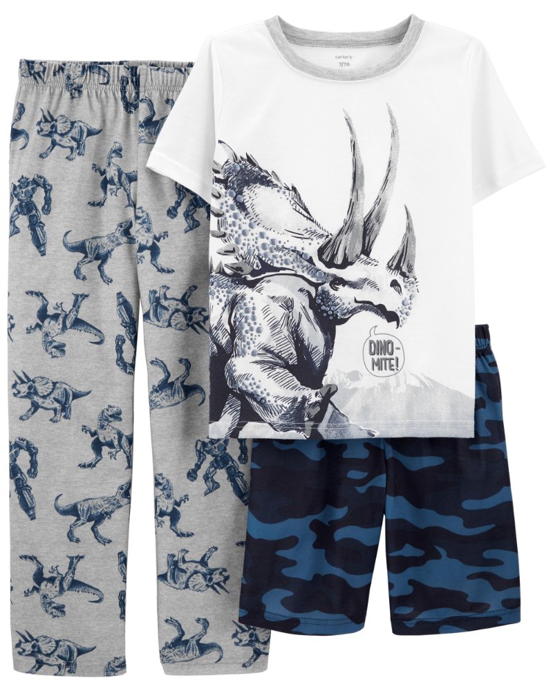 Pijama de niño, set de pijamas figura de dinosaurio color gris, azul y blanco