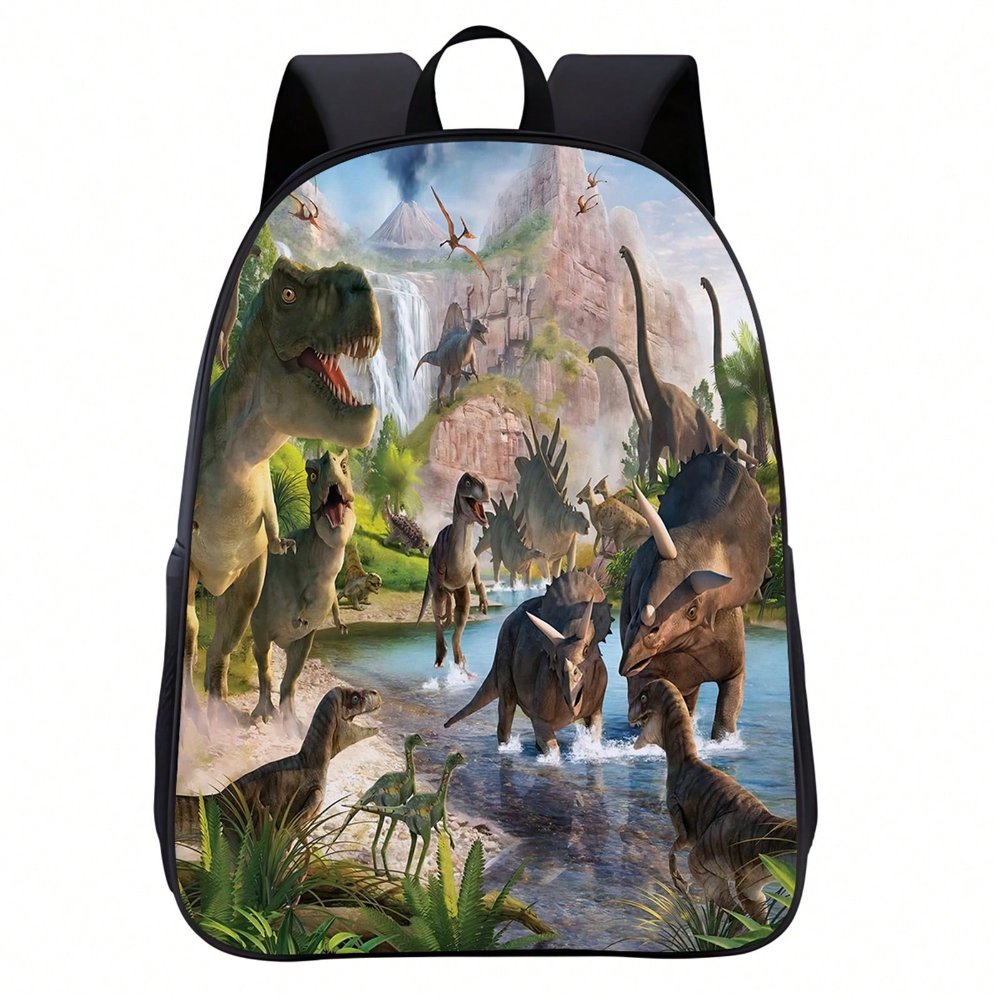 Mochila negra con paisaje de dinosaurios