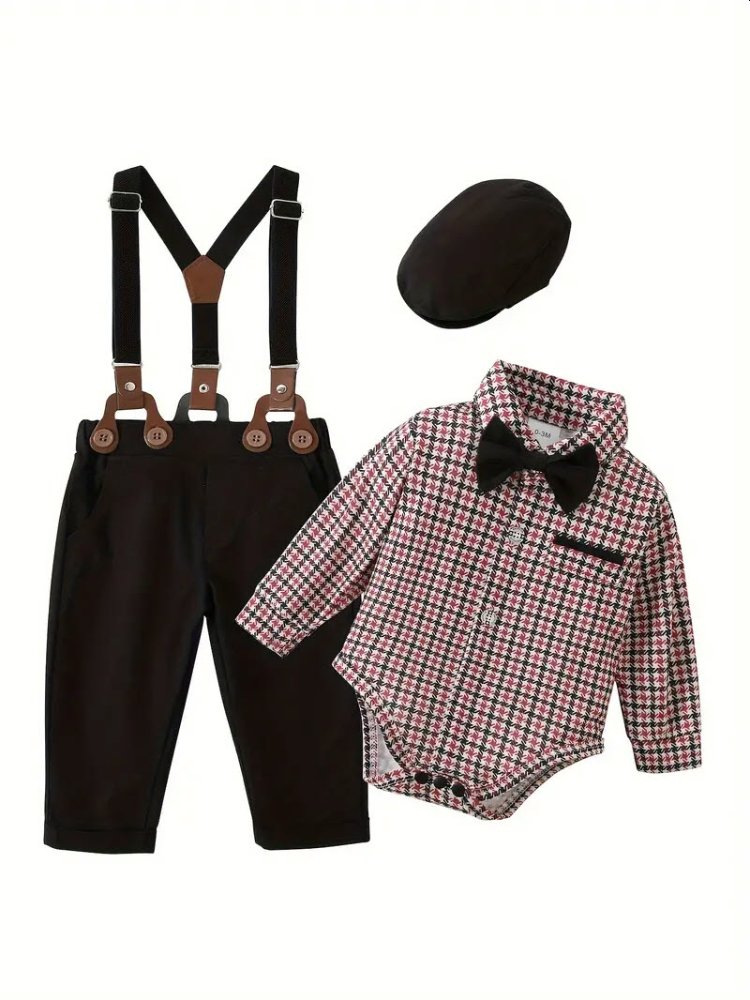 Traje de niño, traje de pantalón y boina en color negro, mameluco cuadrado rojo, negro y blanco, tirante negro y corbatín negro