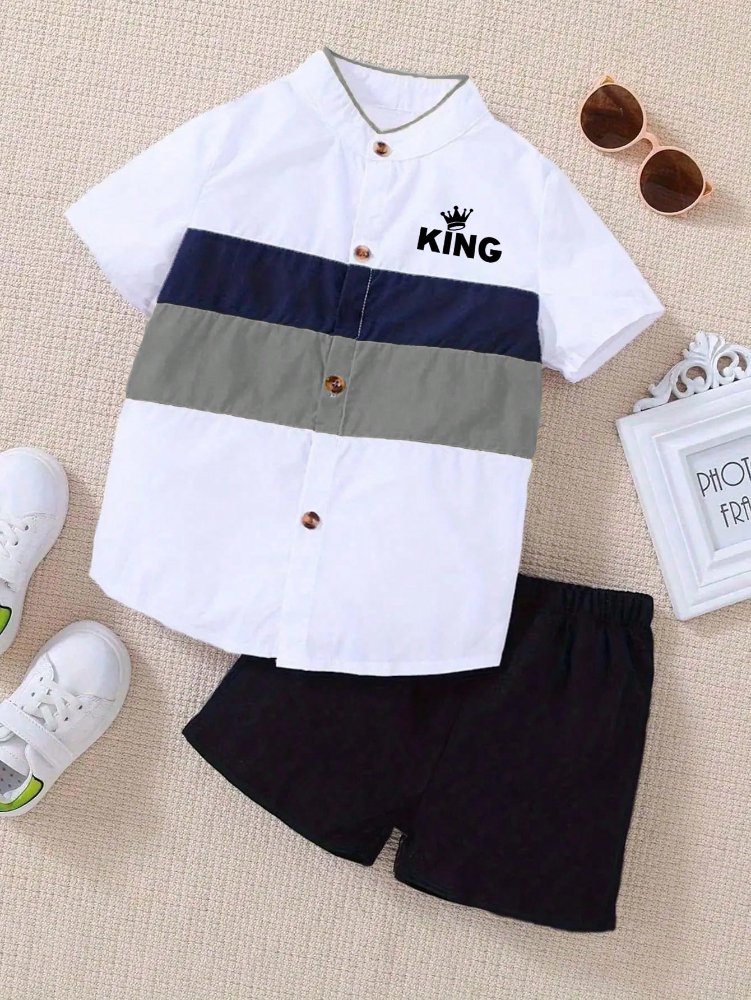 Traje de niño, traje de short negro, camisa blanca con raya gris y azul, cuello chino