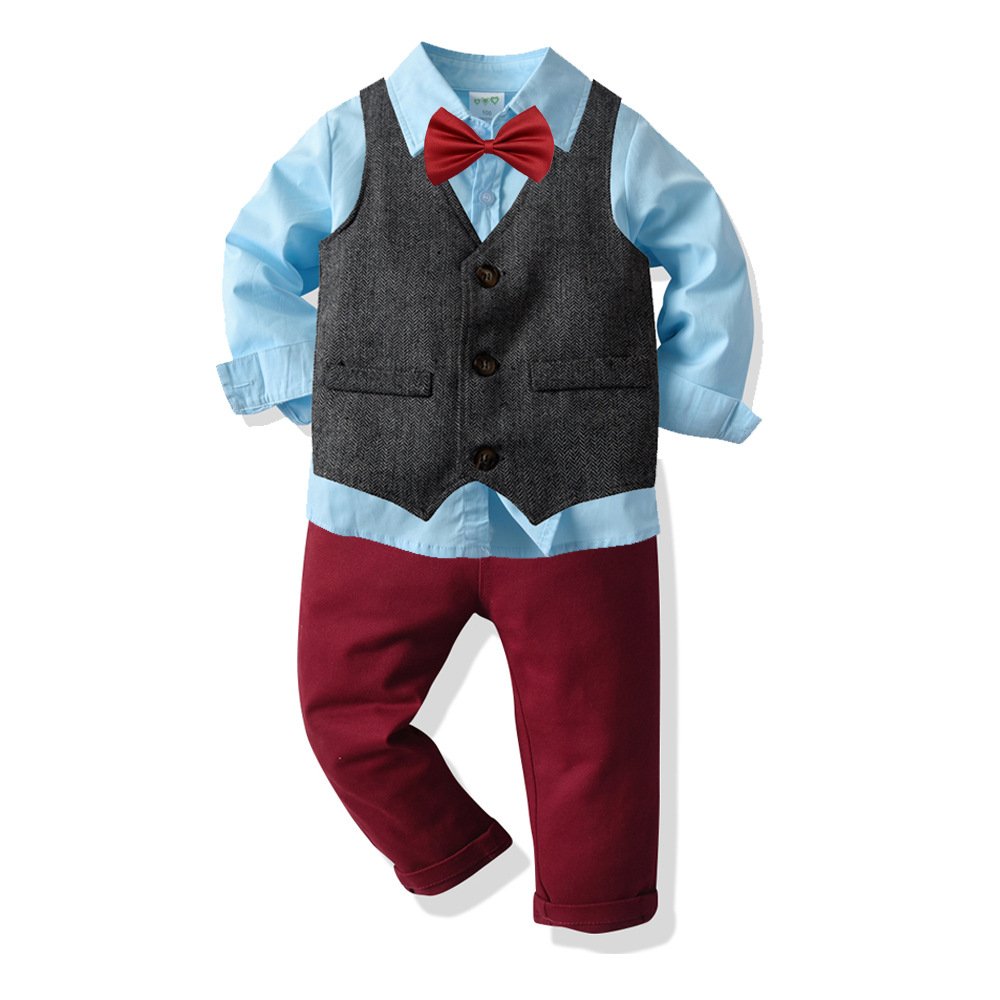 Traje de niño, traje formal pantalón y corbatín rojo, chaleco gris y camisa celeste manga larga