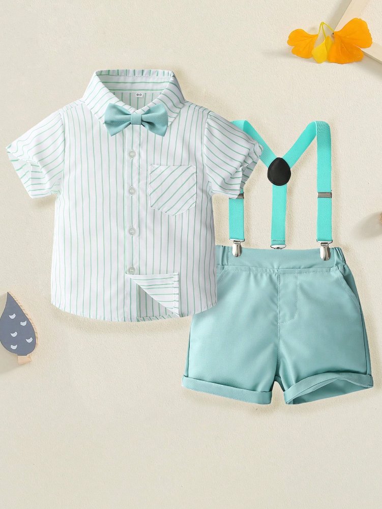 Traje de niño, traje de short acua, camisa blanca con rayas acua, tirante y corbatín acua