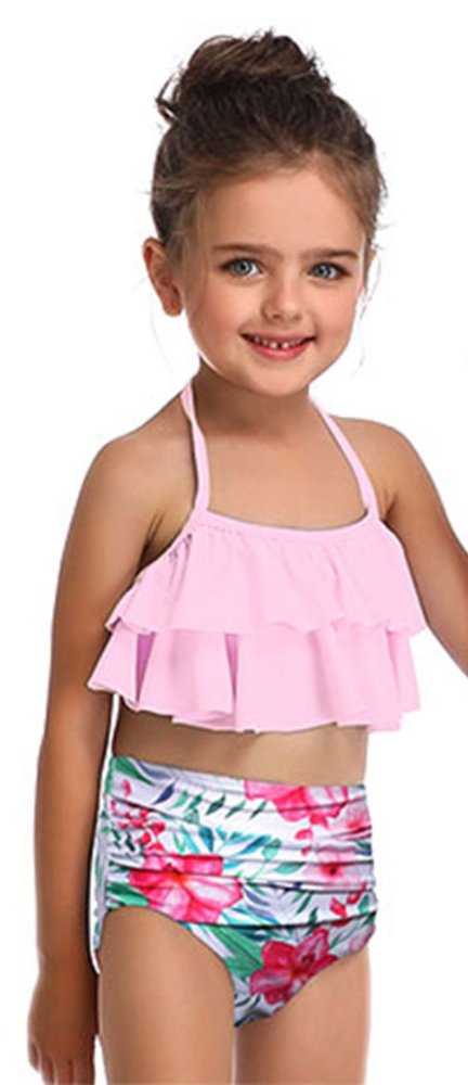Traje de baño de niña, dos piezas, parte superior rosada, parte inferior floreada