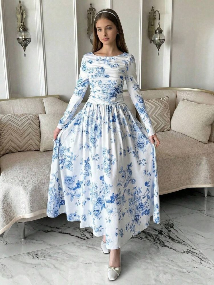 Vestido de niña, vestido estampado floral azul con blanco de manga larga casual y minimalista con cintura ceñida y largo medio