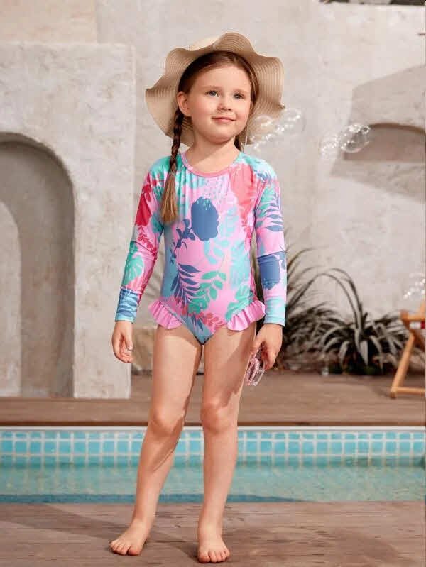 Traje de baño de niña, multicolores de manga larga y vuelo en la parte de abajo