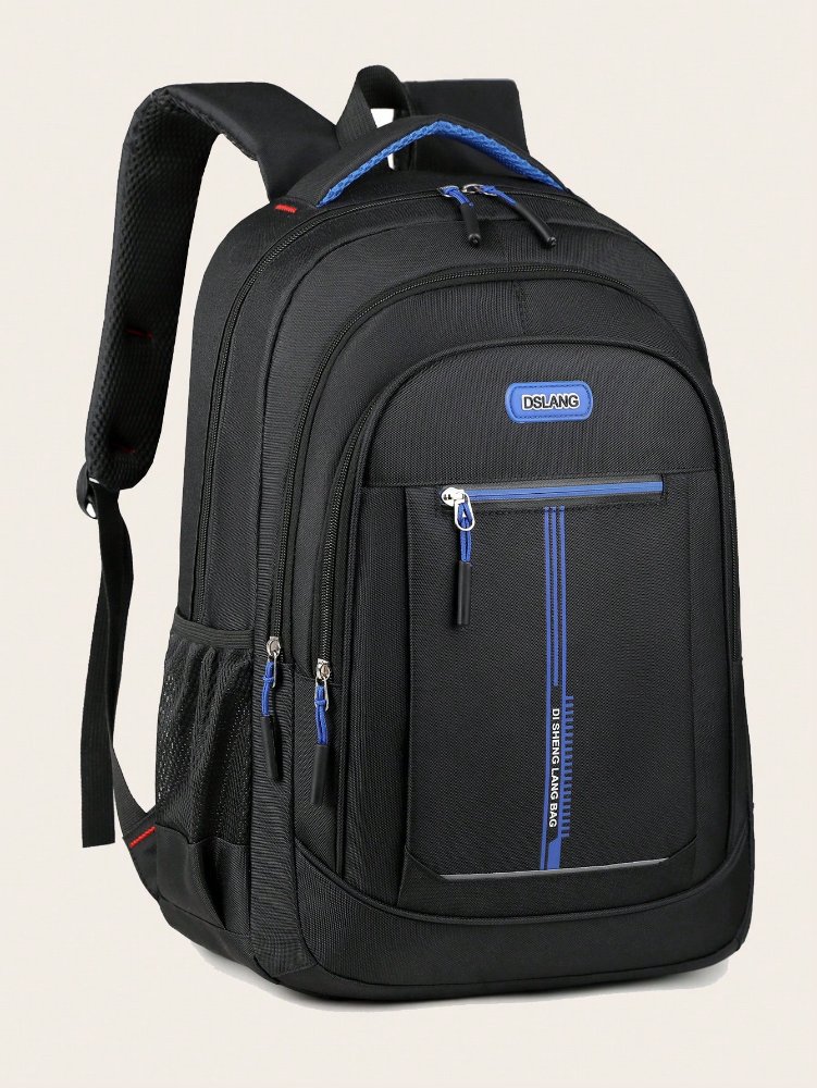 Mochila negra con detalles en azul, letra DSLANG