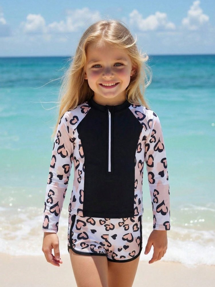 Traje de baño de niña, negro con estampado de leopardo y corazón, manga larga y short