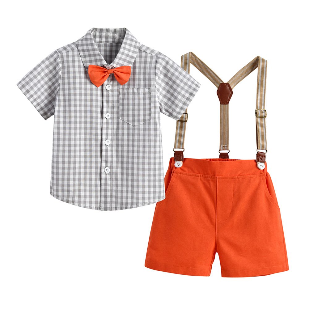 Traje de niño, traje de short y corbatín naranja, camisa cuadrada café y tirante crema