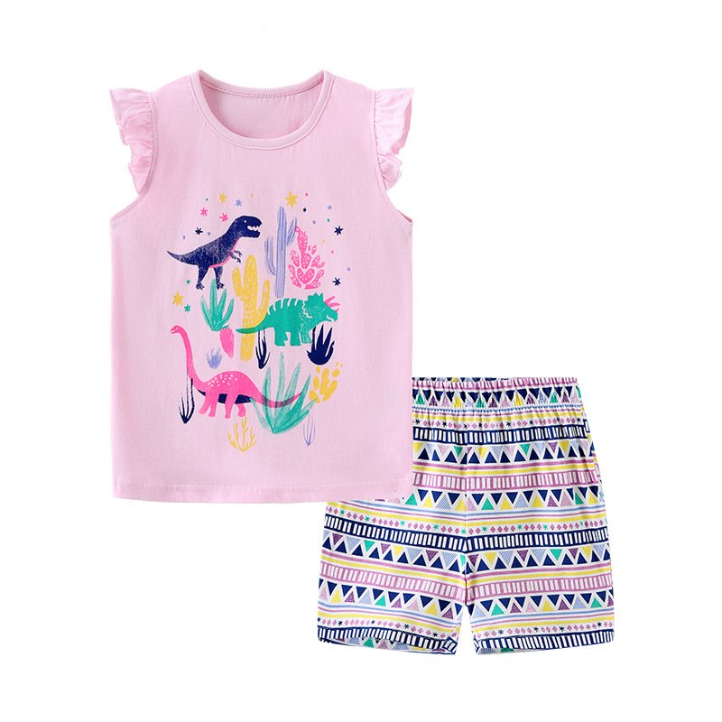 Traje de niña, traje de short con figuras de triangulo, rallas y puntos, camiseta rosada con dibujos de dinosaurios