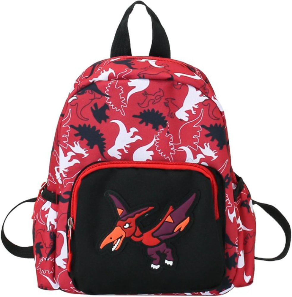 Mochila roja y figuras de dinosaurios