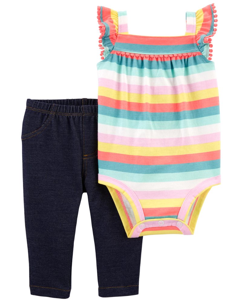 Set de traje de niña, pantalón estilo jeans y mameluco de rayas multicolores