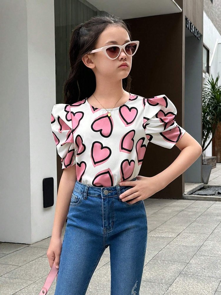 Camisa de niña, camisa blanca con corazones rosados y negro