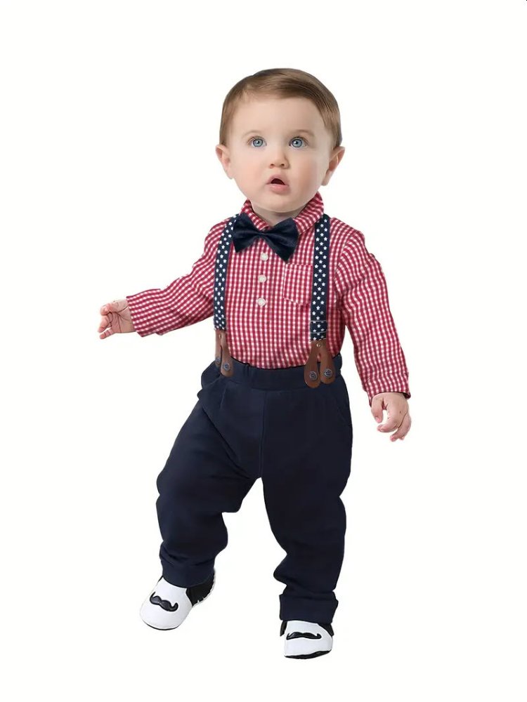 Traje de niño, traje de pantalón negro, camisa roja cuadrado, tirante negro con estrellas blancas y corbatín negro