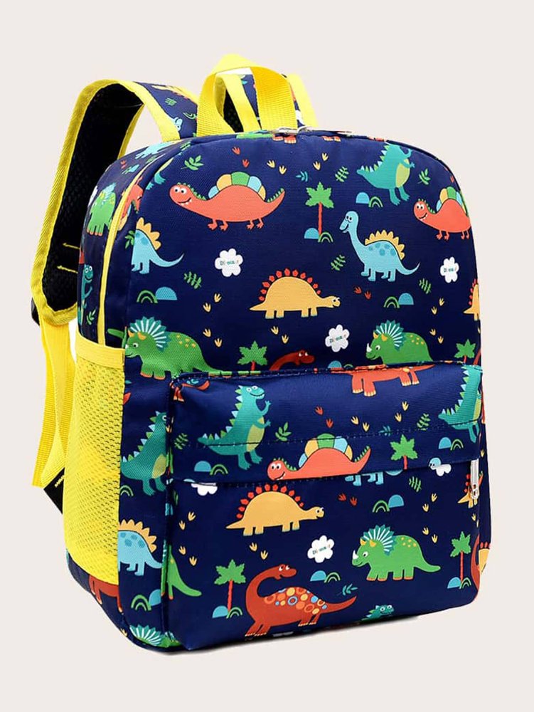 Mochila azul con figuras de dinosaurios y bolsillos en los costados color amarillo