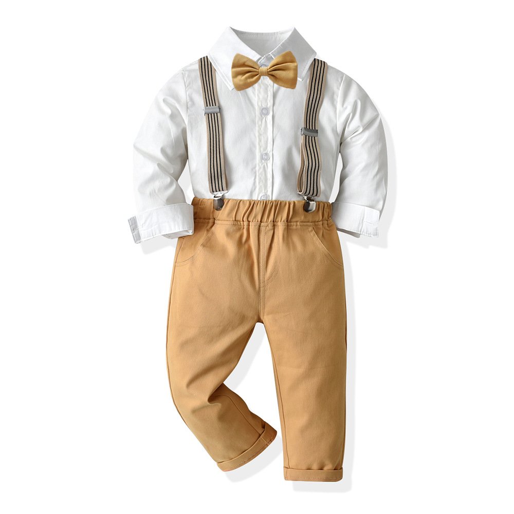 Traje de niño, traje de pantalón y corbatín crema camisa blanca manga larga, tirantes crema con rayas negras