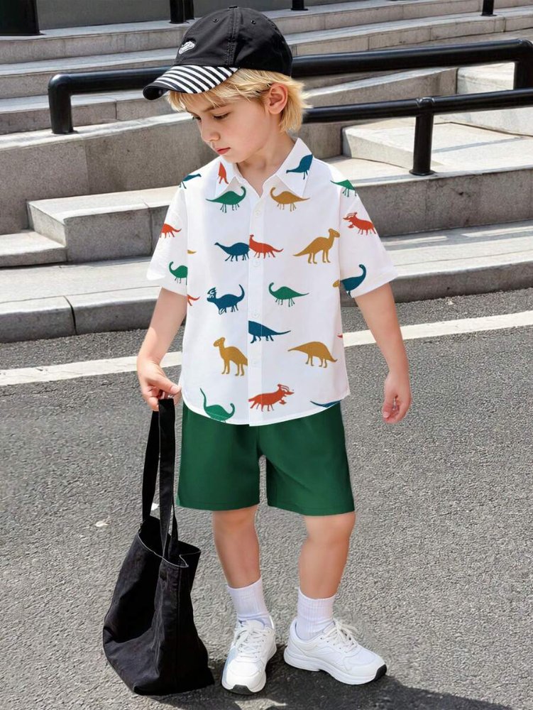 Traje de niño, traje de short verde y camisa manga corta blanca con estampado de dinosaurio, conjunto casual