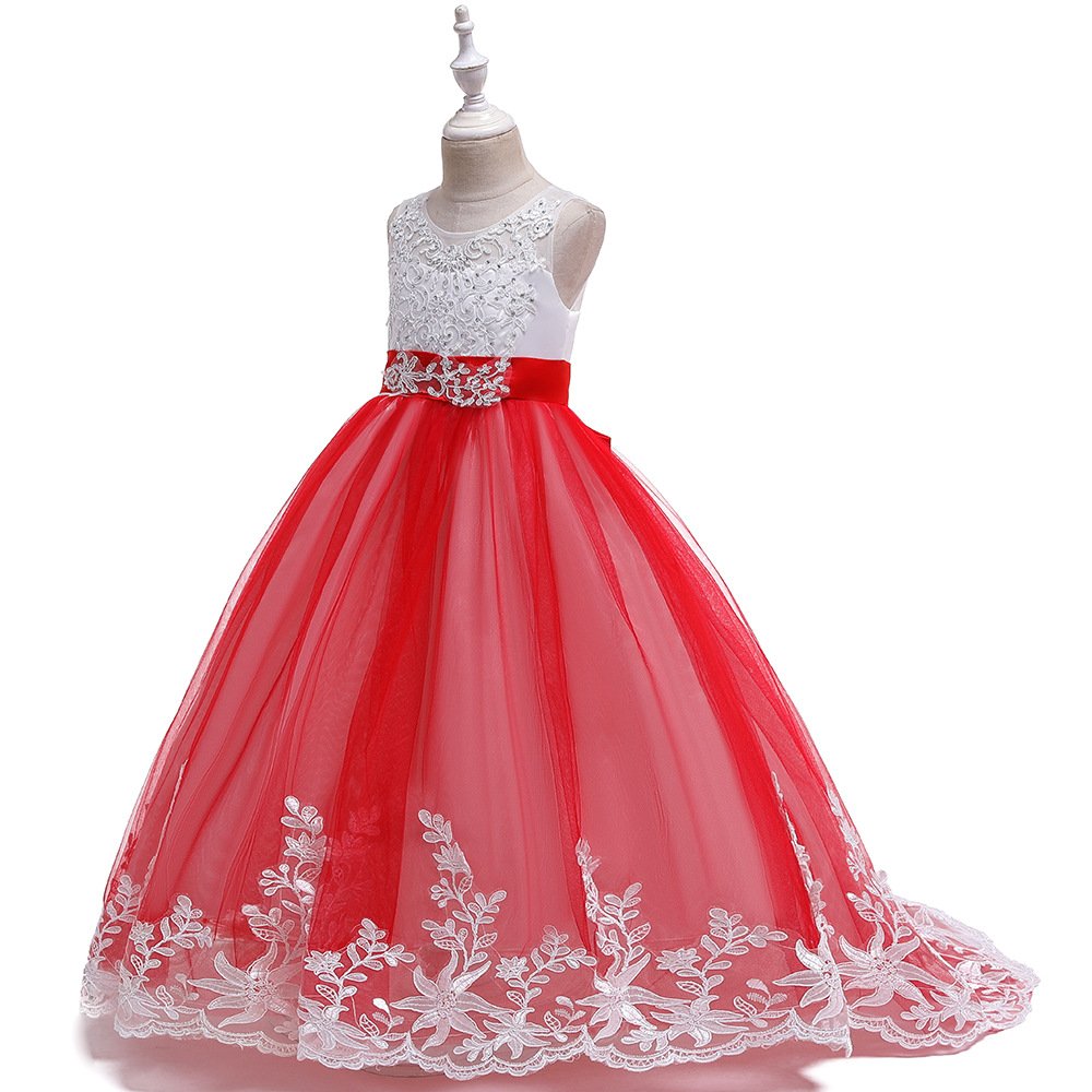 Vestido de niña, vestido rojo con blanco, parte superior blanco con detalles de piedras y parte inferior en rojo con blonda en la parte de abajo color blanco y estilo de cola