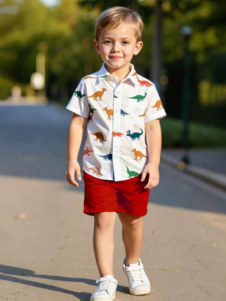 Traje de niño, traje de short rojo y camisa manga corta blanca con estampado de dinosaurio, conjunto casual
