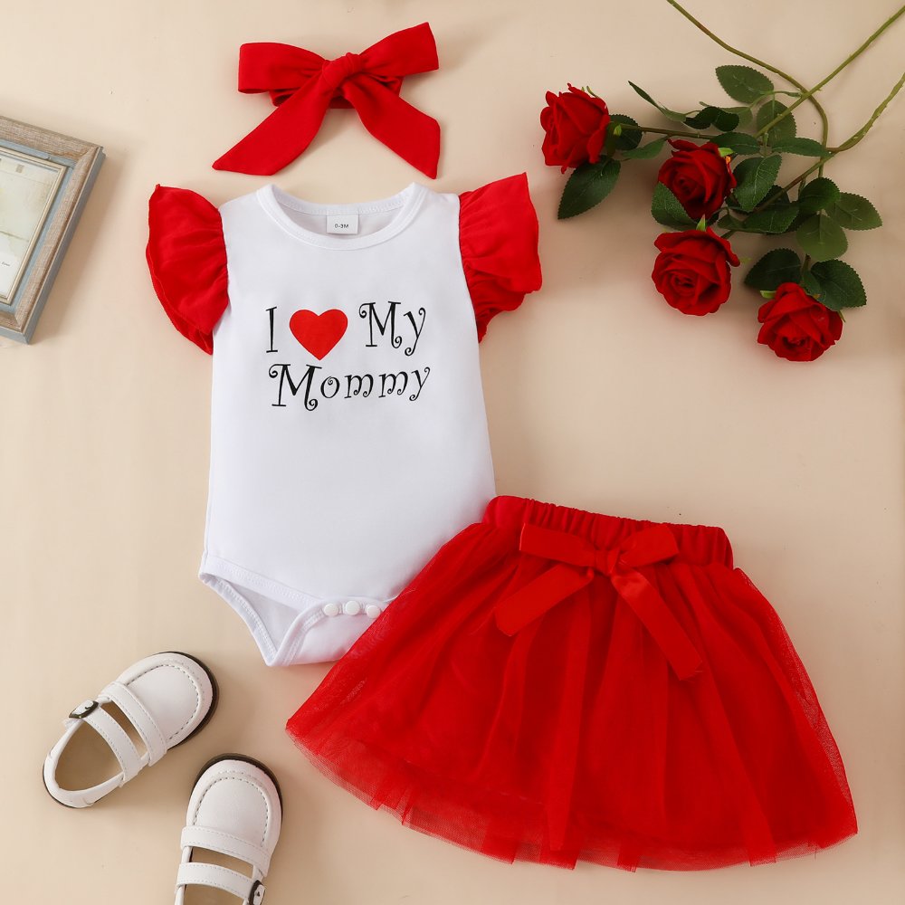 Traje de niña, traje de falda roja con lazo en la cintura, mameluco blanco con mangas en rojo I LOVE MY MOMMY y cintillo
