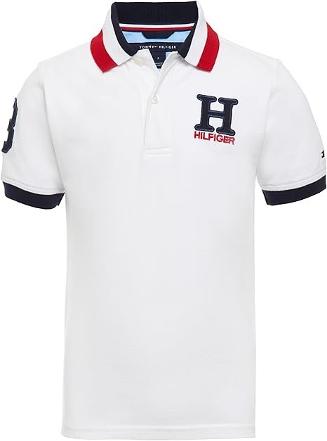Tommy Hilfiger Camisa polo de manga corta premium para niños, cierre de botones, suave y cómoda, Blanco