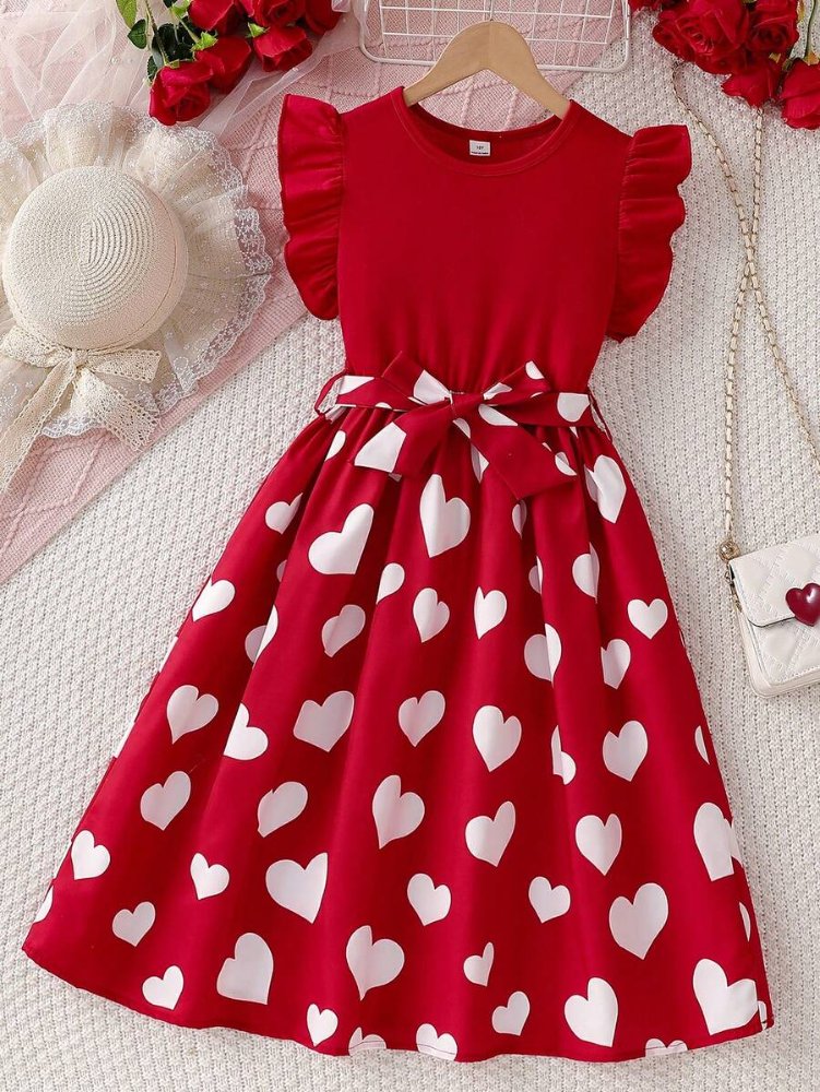 Vestido de niña, vestido rojo con estampado de corazones, volantes en las mangas y cinturón