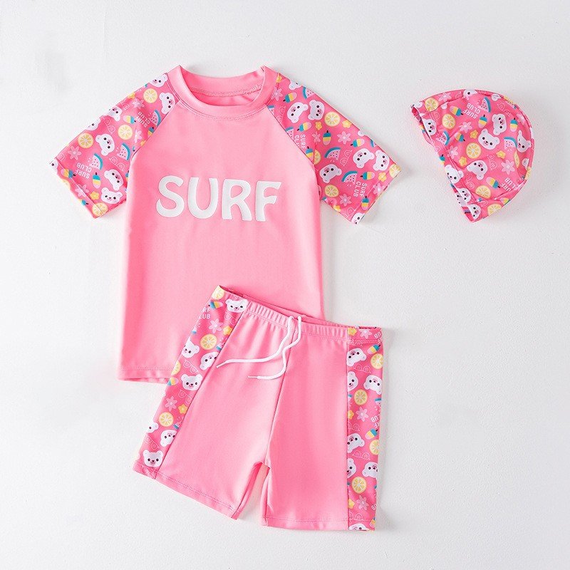 Traje de baño de niña, rosado con mangas cortas con figuras de gatita y short